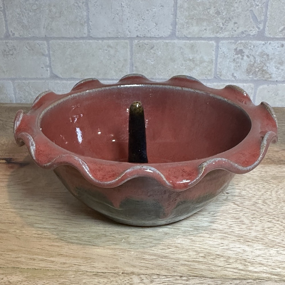 VTG Artisan Pottery Apple Baker Mold 7 Inch‎ Drip Glaze Signed Maroon Scalloped